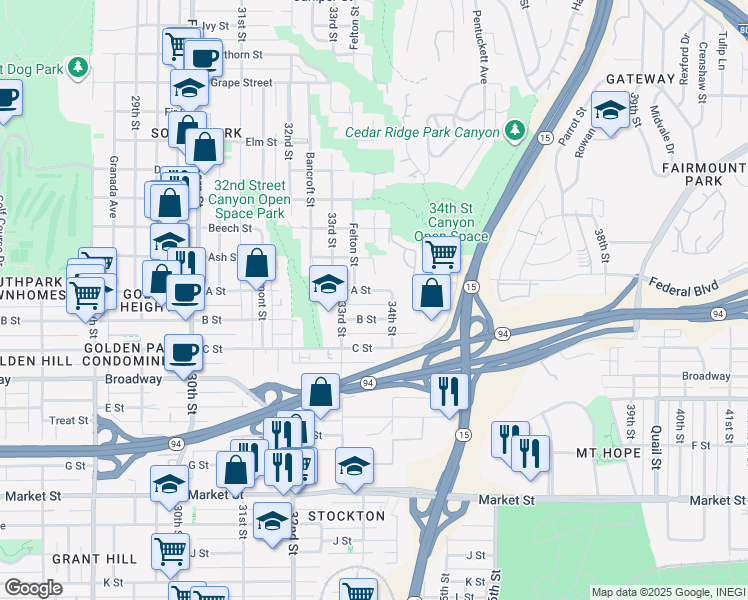 map of restaurants, bars, coffee shops, grocery stores, and more near 3377 B Street in San Diego