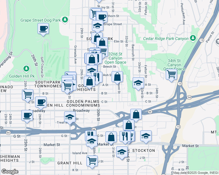 map of restaurants, bars, coffee shops, grocery stores, and more near 3089 B Street in San Diego