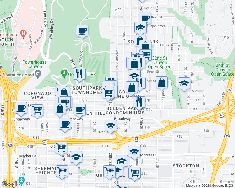 map of restaurants, bars, coffee shops, grocery stores, and more near 2808 B Street in San Diego