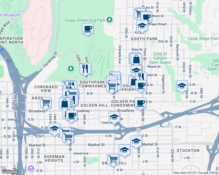 map of restaurants, bars, coffee shops, grocery stores, and more near 2716 B Street in San Diego