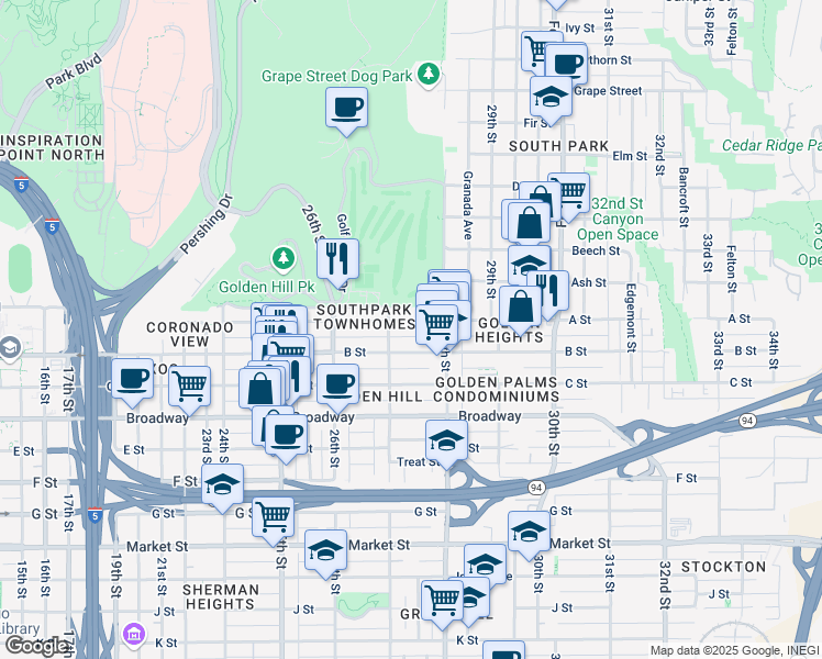 map of restaurants, bars, coffee shops, grocery stores, and more near 2716 B Street in San Diego