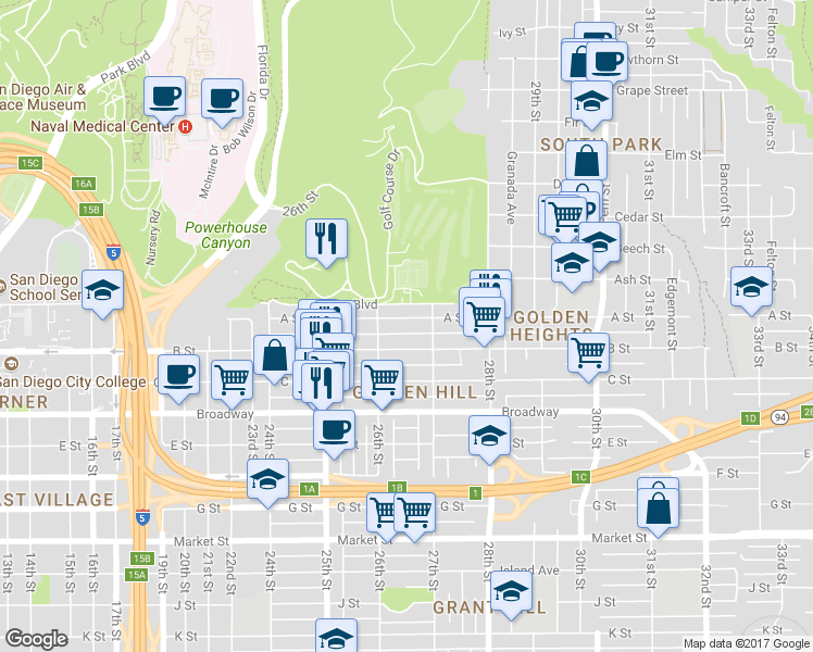 map of restaurants, bars, coffee shops, grocery stores, and more near 2672 B Street in San Diego
