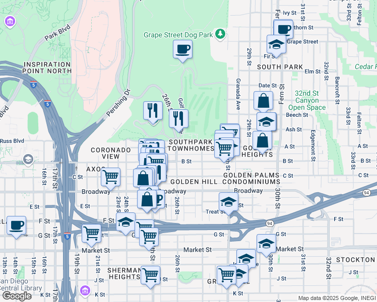 map of restaurants, bars, coffee shops, grocery stores, and more near 2672 B Street in San Diego