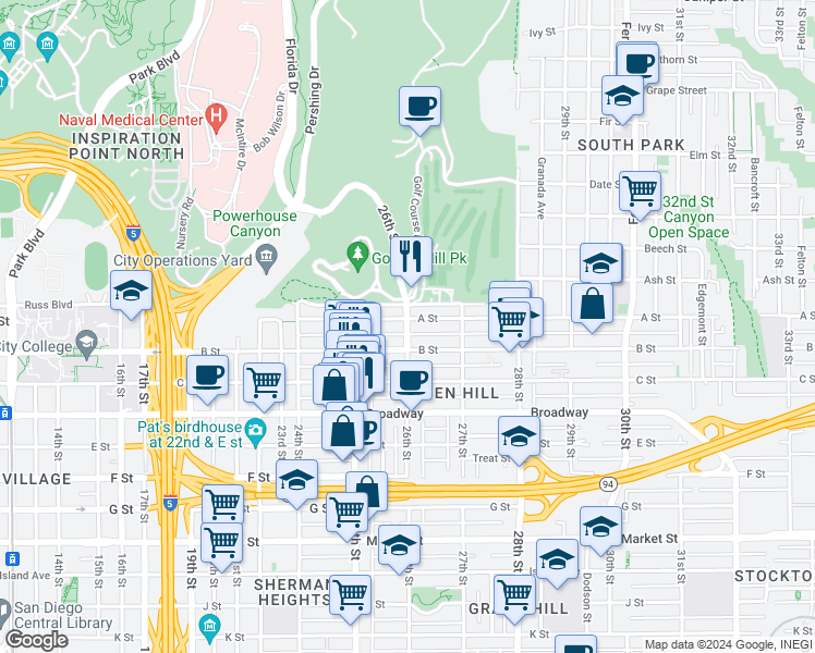 map of restaurants, bars, coffee shops, grocery stores, and more near 2608 B Street in San Diego