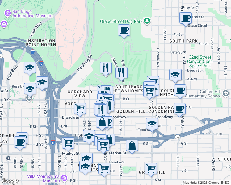 map of restaurants, bars, coffee shops, grocery stores, and more near 2528 B Street in San Diego