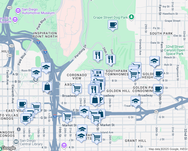 map of restaurants, bars, coffee shops, grocery stores, and more near 2472 B Street in San Diego