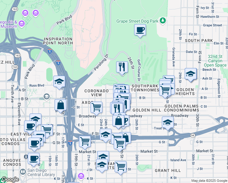 map of restaurants, bars, coffee shops, grocery stores, and more near 2472 B Street in San Diego