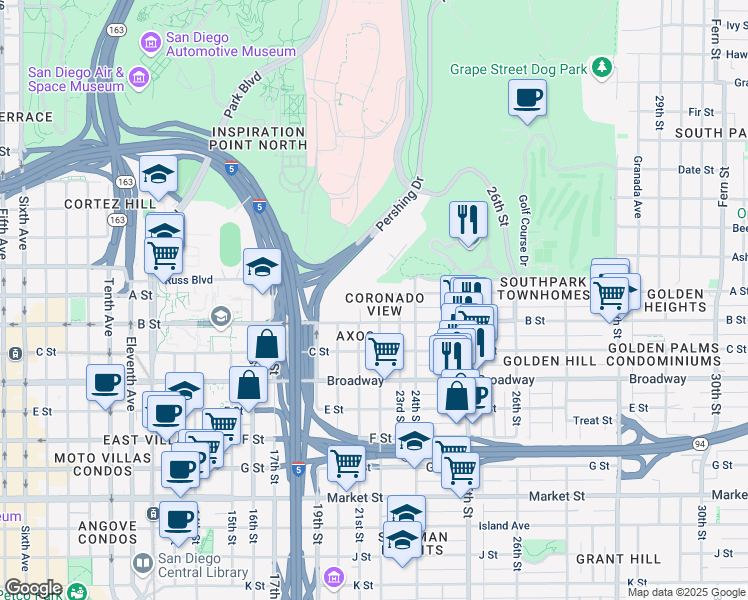 map of restaurants, bars, coffee shops, grocery stores, and more near 2208 B Street in San Diego
