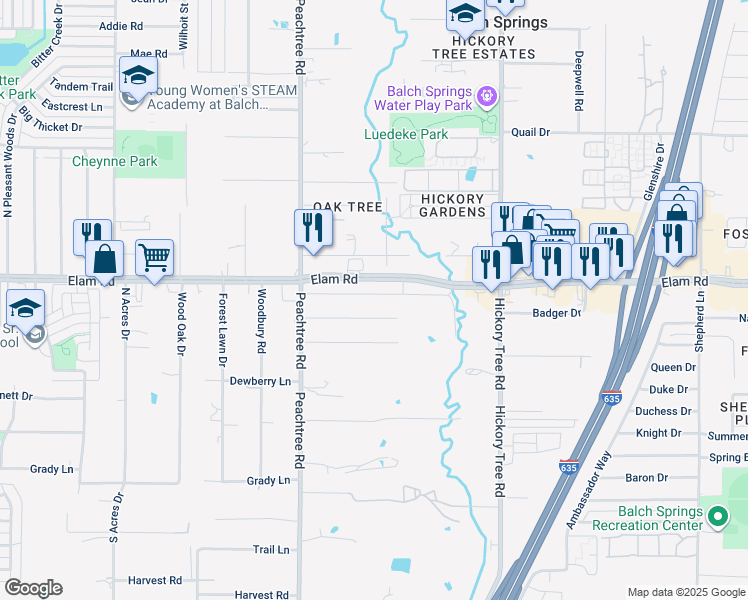 map of restaurants, bars, coffee shops, grocery stores, and more near 11514 Small Drive in Balch Springs