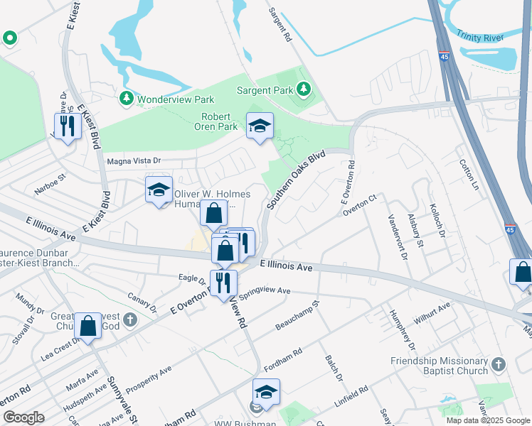 map of restaurants, bars, coffee shops, grocery stores, and more near 3158 Southern Oaks Boulevard in Dallas