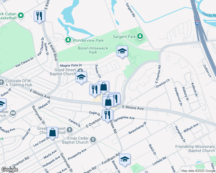 map of restaurants, bars, coffee shops, grocery stores, and more near 3428 Bonnie View Rd in Dallas