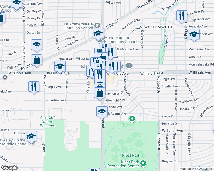 map of restaurants, bars, coffee shops, grocery stores, and more near 2323 Clearview Circle in Dallas