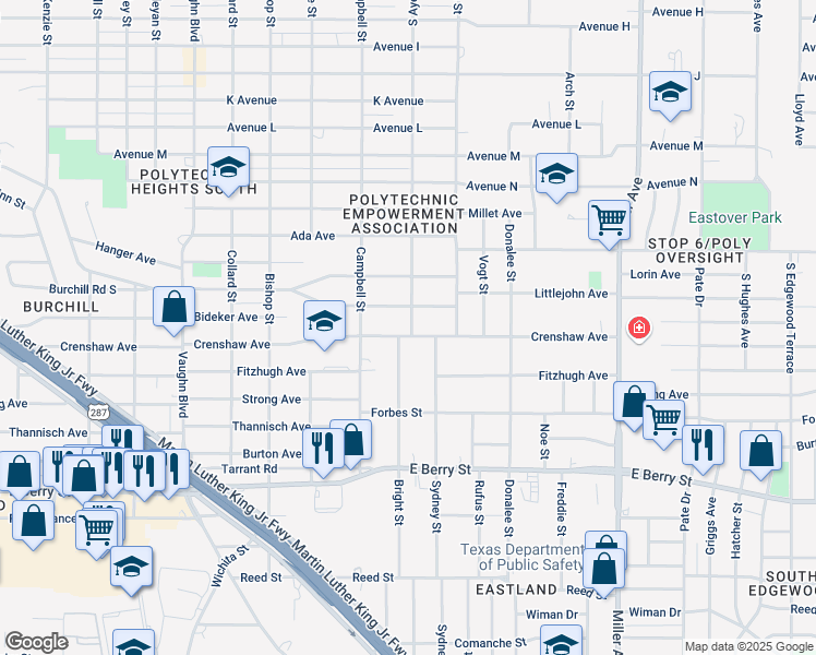 map of restaurants, bars, coffee shops, grocery stores, and more near 3708 Crenshaw Avenue in Fort Worth