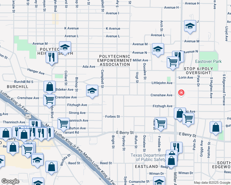 map of restaurants, bars, coffee shops, grocery stores, and more near 3708 Crenshaw Avenue in Fort Worth