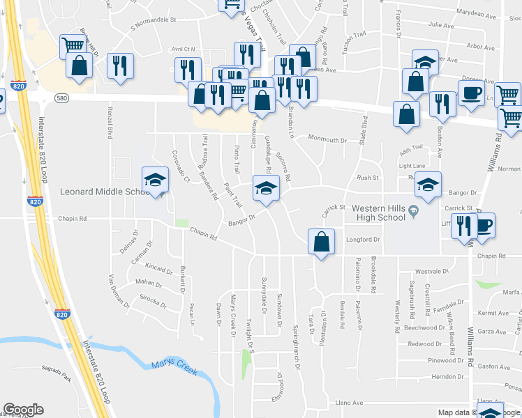 map of restaurants, bars, coffee shops, grocery stores, and more near 3604 Cimmaron Trail in Fort Worth
