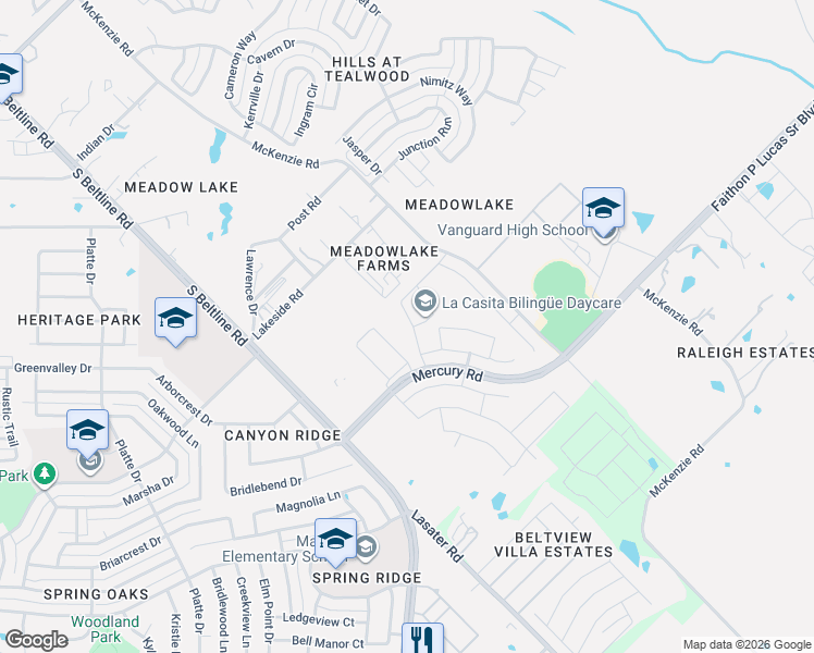 map of restaurants, bars, coffee shops, grocery stores, and more near 3811 South Beltline Road in Mesquite