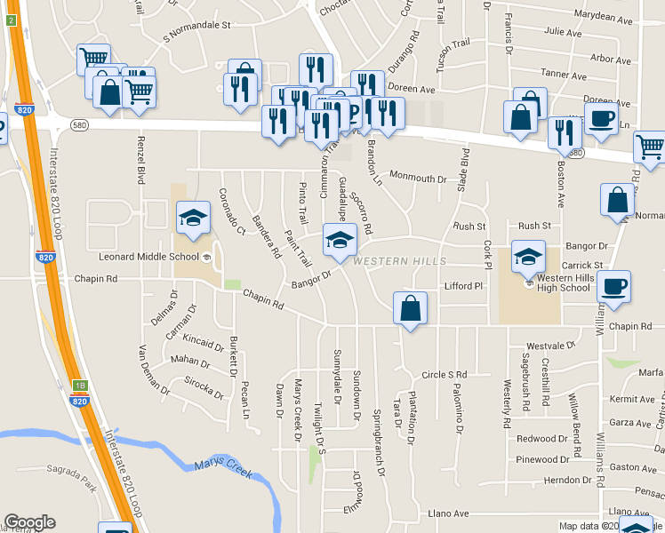 map of restaurants, bars, coffee shops, grocery stores, and more near 3604 Cimmaron Trail in Fort Worth