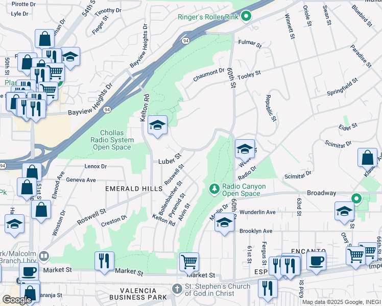 map of restaurants, bars, coffee shops, grocery stores, and more near 5823 Roswell Street in San Diego