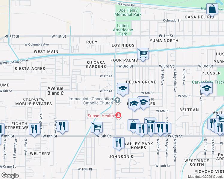 map of restaurants, bars, coffee shops, grocery stores, and more near 2601 Clowser Avenue in Yuma
