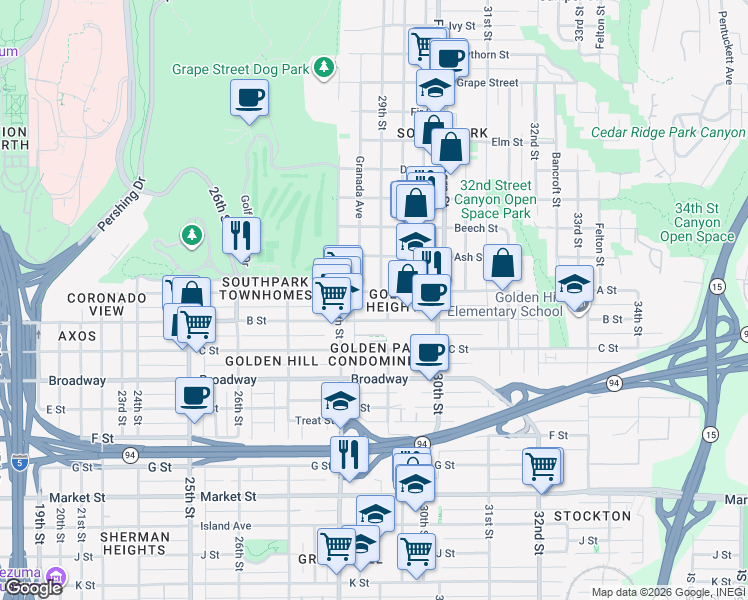 map of restaurants, bars, coffee shops, grocery stores, and more near 2874 B Street in San Diego