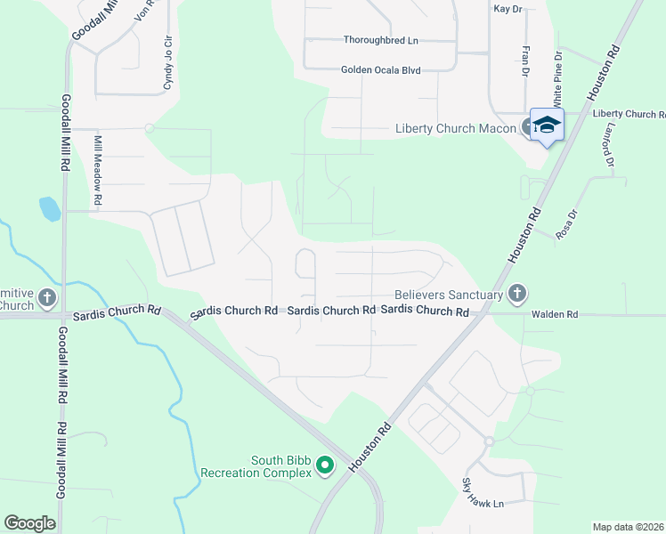 map of restaurants, bars, coffee shops, grocery stores, and more near 120 Jabrok Circle in Macon