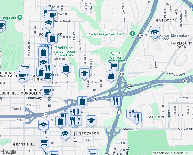 map of restaurants, bars, coffee shops, grocery stores, and more near 3377 B Street in San Diego