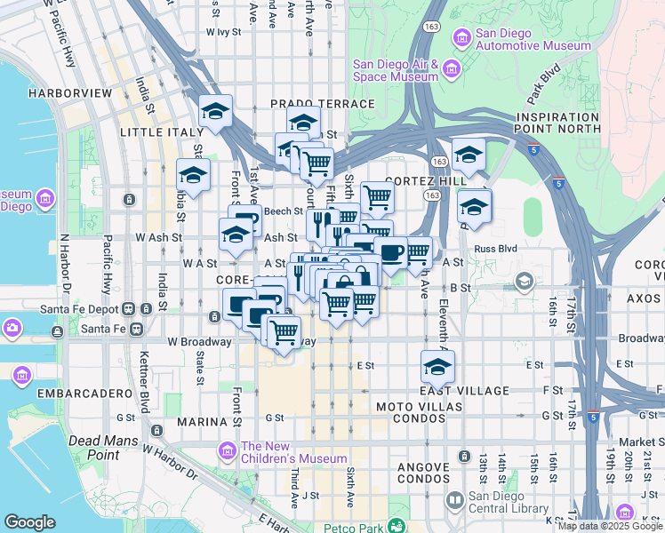 map of restaurants, bars, coffee shops, grocery stores, and more near in San Diego