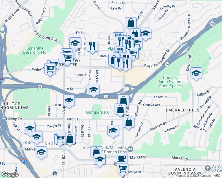 map of restaurants, bars, coffee shops, grocery stores, and more near in San Diego