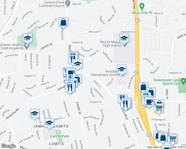 map of restaurants, bars, coffee shops, grocery stores, and more near 1275 Purdy Street in Spring Valley