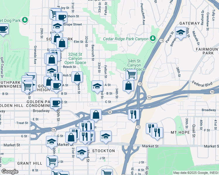 map of restaurants, bars, coffee shops, grocery stores, and more near 3345-47 A Street in San Diego