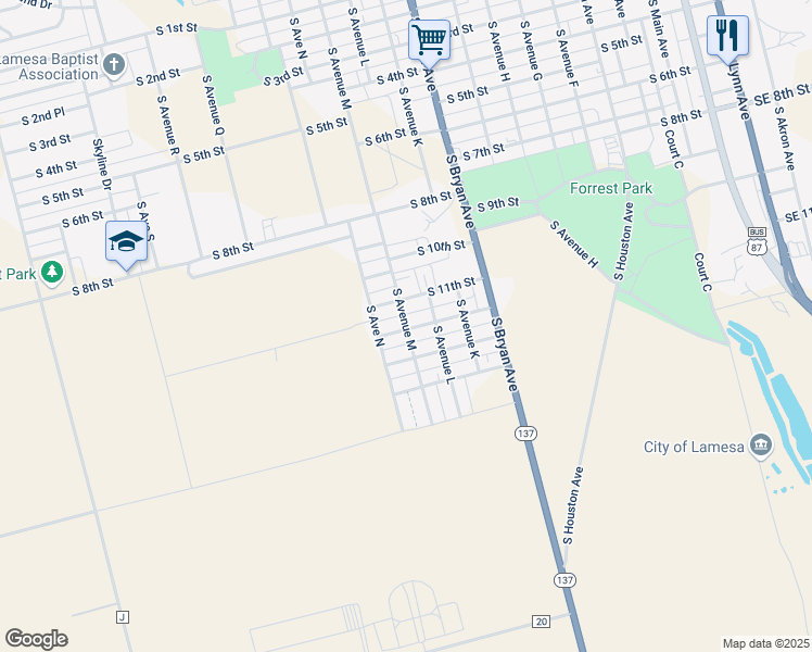 map of restaurants, bars, coffee shops, grocery stores, and more near 1301-1399 South Avenue North in Lamesa