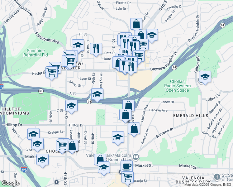 map of restaurants, bars, coffee shops, grocery stores, and more near 5045 A Street in San Diego