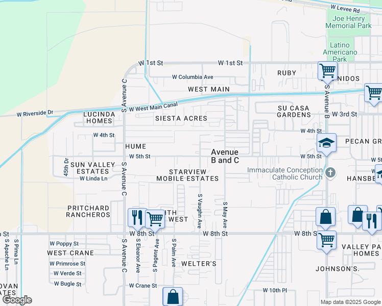 map of restaurants, bars, coffee shops, grocery stores, and more near 402-444 S Vaughn Ave in Yuma