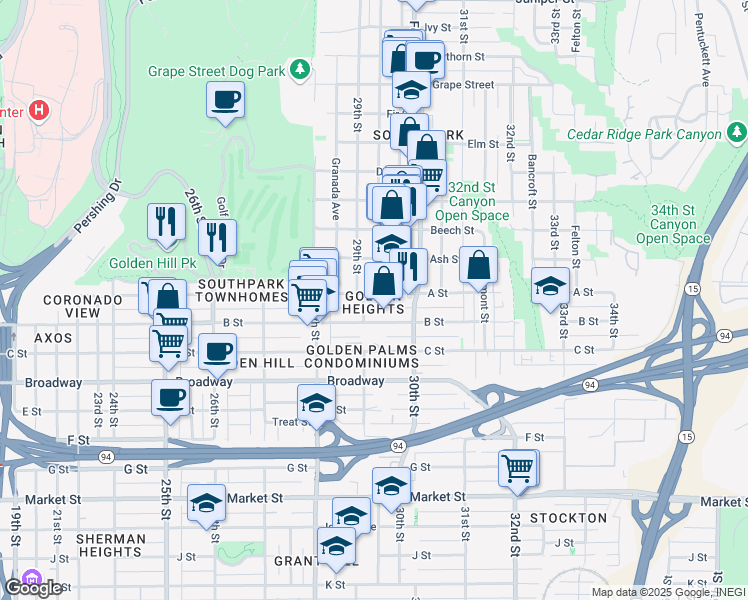 map of restaurants, bars, coffee shops, grocery stores, and more near 2913 A Street in San Diego