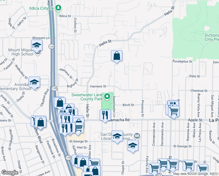 map of restaurants, bars, coffee shops, grocery stores, and more near 8957 Harness Street in Spring Valley