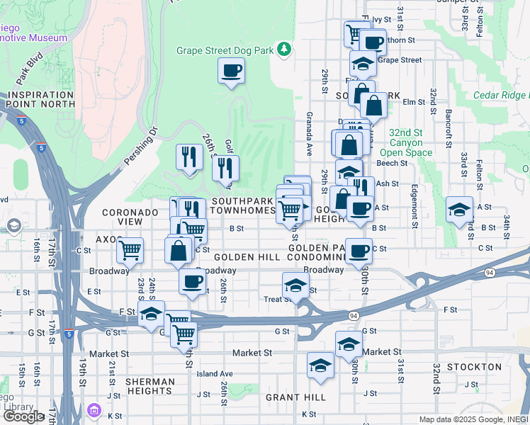 map of restaurants, bars, coffee shops, grocery stores, and more near 2742 A Street in San Diego