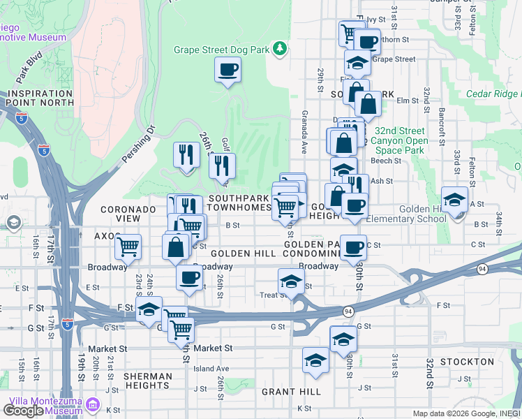 map of restaurants, bars, coffee shops, grocery stores, and more near 2715 A Street in San Diego
