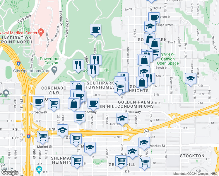 map of restaurants, bars, coffee shops, grocery stores, and more near 2715 A Street in San Diego