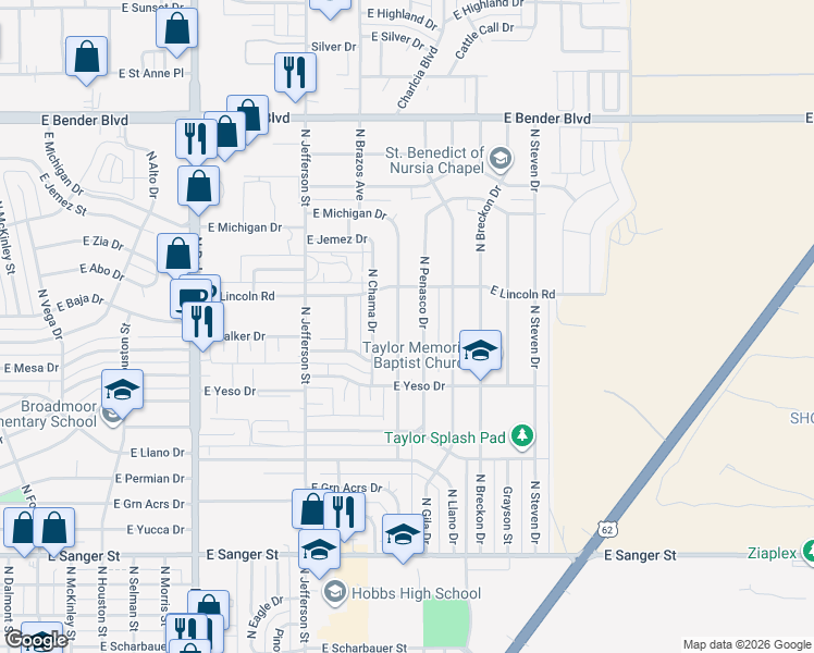 map of restaurants, bars, coffee shops, grocery stores, and more near 1721 North Penasco Drive in Hobbs