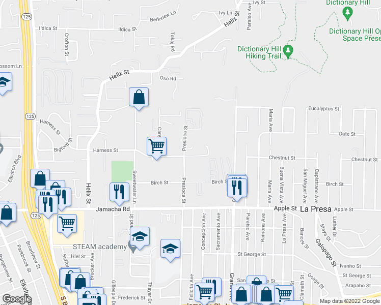 map of restaurants, bars, coffee shops, grocery stores, and more near 9208 Harness Street in Spring Valley