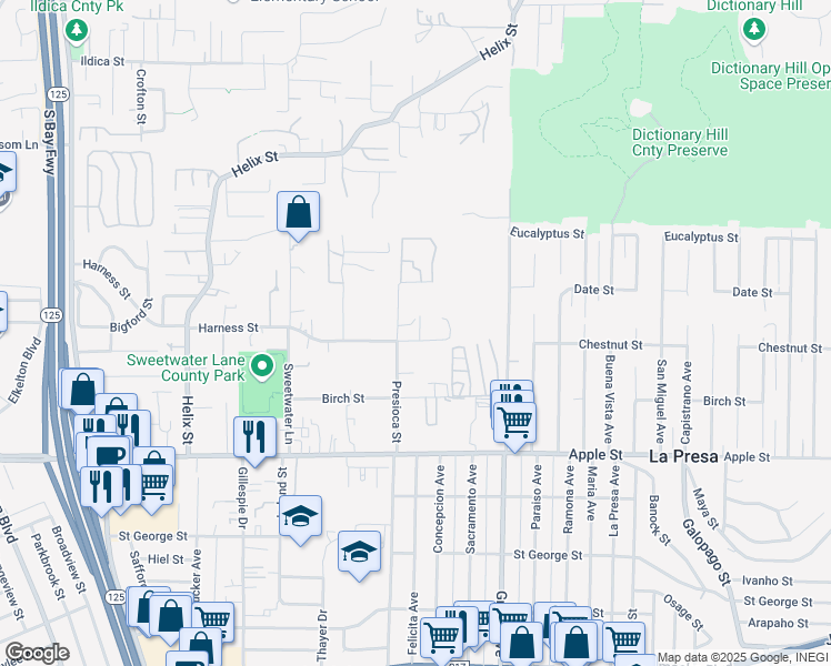 map of restaurants, bars, coffee shops, grocery stores, and more near 1550 Presioca Street in Spring Valley