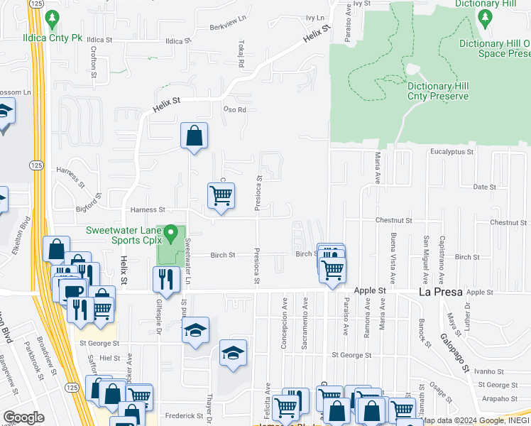 map of restaurants, bars, coffee shops, grocery stores, and more near 1550 Presioca Street in Spring Valley