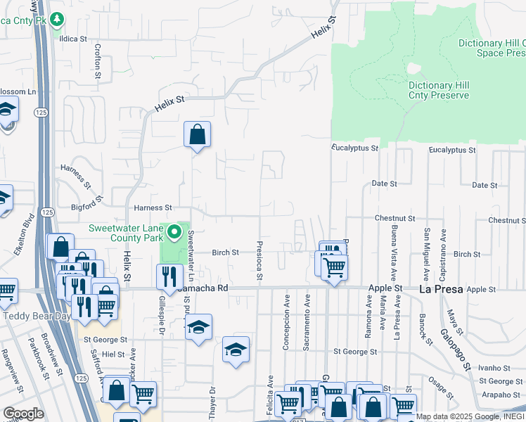 map of restaurants, bars, coffee shops, grocery stores, and more near 1550 Presioca Street in Spring Valley