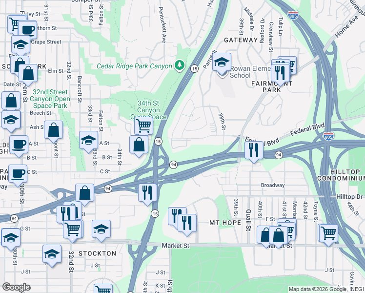 map of restaurants, bars, coffee shops, grocery stores, and more near 1450 Cactusridge Street in San Diego