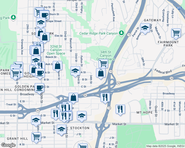 map of restaurants, bars, coffee shops, grocery stores, and more near 1317 Gregory Street in San Diego