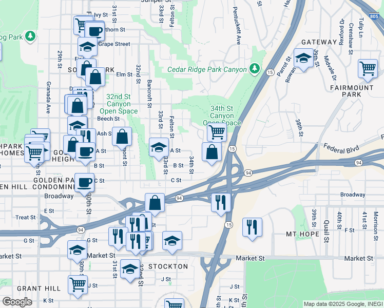 map of restaurants, bars, coffee shops, grocery stores, and more near 1317 Gregory Street in San Diego