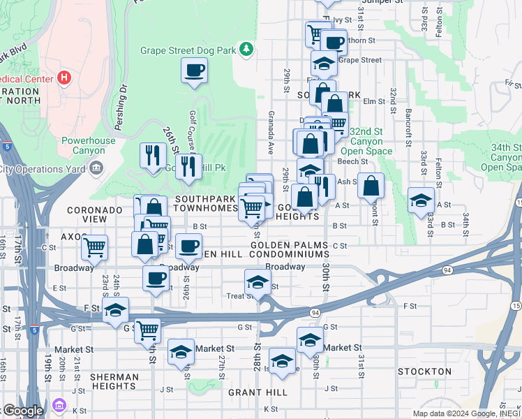 map of restaurants, bars, coffee shops, grocery stores, and more near 1321 28th Street in San Diego