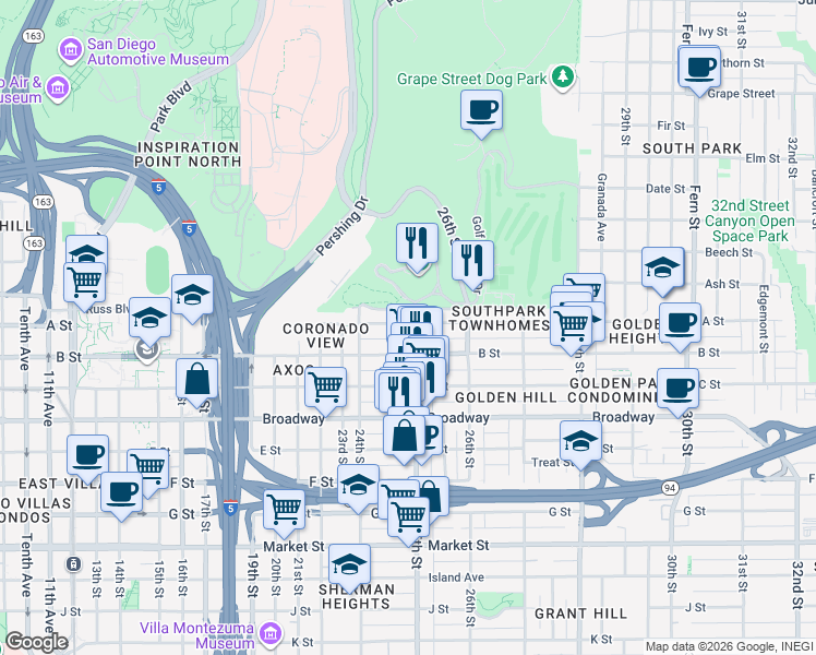 map of restaurants, bars, coffee shops, grocery stores, and more near 2440 Russ Boulevard in San Diego