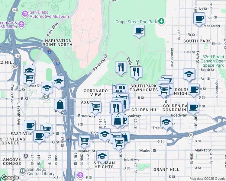 map of restaurants, bars, coffee shops, grocery stores, and more near 2440 Russ Boulevard in San Diego