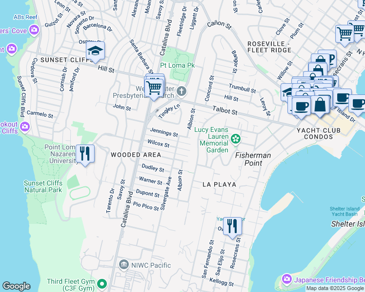 map of restaurants, bars, coffee shops, grocery stores, and more near 835 Silvergate Avenue in San Diego
